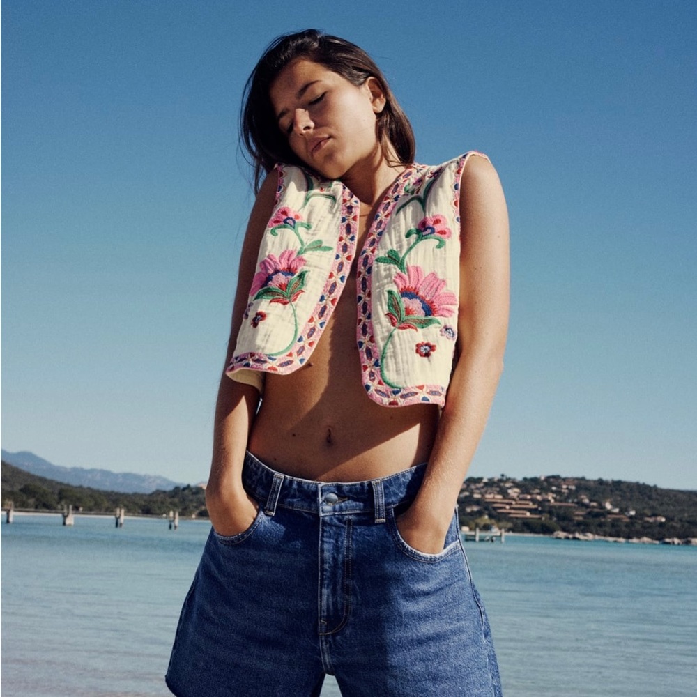 Zara Open Front Embroidered Vest - Pink XS
